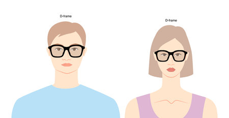 D-frame frame glasses on women and men flat character fashion accessory illustration. Sunglass front view unisex silhouette style, spectacles eyeglasses, lens sketch style outline isolated on whiteのイラスト素材