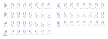 Set of types of glasses for Men seven type faces fashion accessory illustration. Sunglass front view unisex silhouette style, flat rim spectacles eyeglasses, lens sketch style outline isolatedのイラスト素材