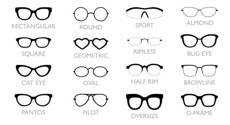 Set of different types of glasses - Rectangular Pilot, Round, Square, Cat Eye, Pantos, fashion accessory Browline, Clubmaster, Oval, Oversize, illustration Geometric Sport Bug, Almond Octagon, D-frameのイラスト素材