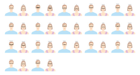 Set of Half Rim frame glasses on women and men flat character fashion accessory illustration. Sunglass front view silhouette style, flat rim spectacles eyeglasses, lens sketch style outline isolatedのイラスト素材