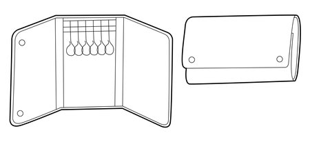 Key Case Wallet close and open view options pouch. Fashion accessory technical illustration. Organizer for Men, women, unisex silhouette style, flat handbag CAD sketch outline isolatedのイラスト素材