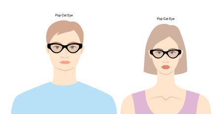 Pop Cat Eye frame glasses on women and men flat character fashion accessory illustration. Sunglass front view unisex style, rim spectacles eyeglasses, lens sketch style outline isolated on whiteのイラスト素材