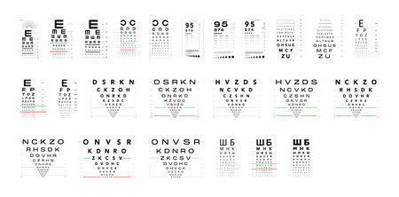 Set of Eye Test Charts medical illustration. Line vector sketch style outline isolated on white background. Vision test board optometrist ophthalmic for visual examination, Checking optical glassesのイラスト素材