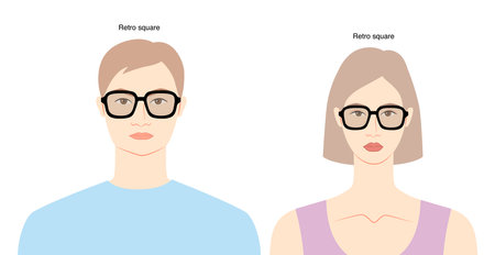 Retro Square frame glasses on women and men flat character fashion accessory illustration. Sunglass front view unisex silhouette style, rim spectacles, lens sketch outline isolated on white backgroundのイラスト素材