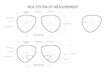 Set of Box System of Measurement of lens glasses Eye frame fashion accessory technical illustration. Sunglass style, flat spectacles eyeglasses sketch style outline isolated on white backgroundのイラスト素材