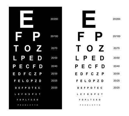 Snellen chart Eye Test medical illustration. line vector sketch style outline isolated on white and black background. Vision board optometrist ophthalmic test for visual examination Checking opticalのイラスト素材