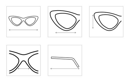 Set of Glasses Size Chart measurement Eye frame fashion medical accessory illustration. Sunglass silhouette style, flat rim spectacles eyeglasses sketch style outline isolated on white backgroundのイラスト素材