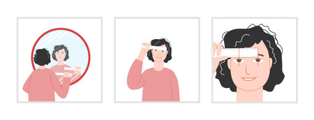 Set of stages character self measuring pupil distance with ruler for order glasses. Flat modern cartoon style color trendy vector medical illustration isolated on white. Ophthalmic exam concept.のイラスト素材
