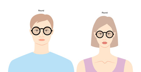 Round frame glasses on women and men flat character fashion accessory illustration. Sunglass front view silhouette style, rim spectacles eyeglasses with lens sketch style outline isolated on whiteのイラスト素材