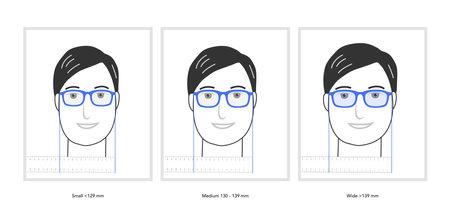 Set of size of width face character with ruler for order glasses. Flat modern cartoon style blue color trendy vector medical illustration men, women, unisex style. Ophthalmic exam concept.のイラスト素材