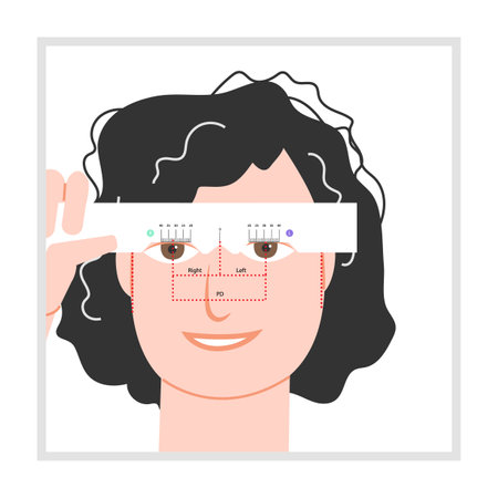 Character self measuring pupil distance with manual pupillometer for order glasses. Flat modern cartoon style color trendy vector medical illustration isolated on white. Ophthalmic exam concept.のイラスト素材