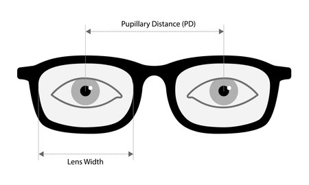 Pupillary distance measurement template Eye frame glasses fashion accessory medical illustration. Optical center Sunglass front view silhouette style, flat eyeglasses with lens sketch style outlineのイラスト素材