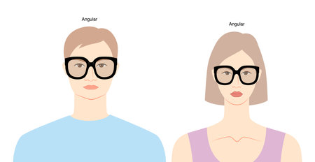 Angular frame glasses on women and men flat character fashion accessory illustration. Sunglass front view unisex silhouette style, rim spectacles eyeglasses with lens sketch outline isolated on whiteのイラスト素材