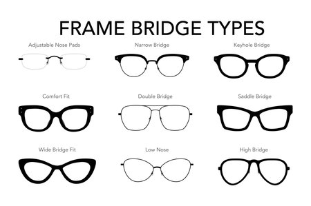 Frame Bridge Types Eye frame glasses fashion accessory illustration. Sunglass front view for Men, women, unisex silhouette style, flat rim spectacles eyeglasses with lens sketch style outline isolatedのイラスト素材