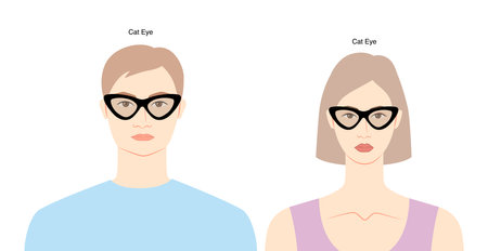 Cat Eye frame glasses on women and men flat character fashion accessory illustration. Sunglass unisex silhouette style, rim spectacles eyeglasses with lens sketch outline isolated on white backgroundのイラスト素材