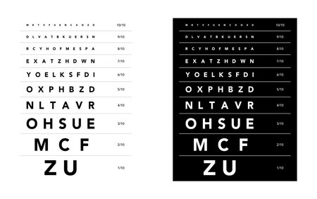Monoyer chart Eye Test Chart medical illustration. line vector sketch style outline isolated on white, black background. Vision test board optometrist test for examination Checking optical glassesのイラスト素材