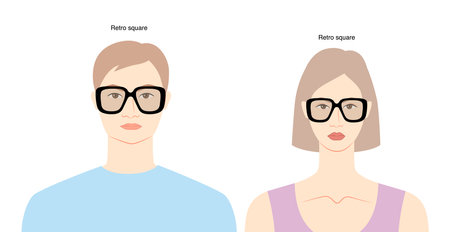 Retro Square frame glasses on women and men flat character fashion accessory illustration. Sunglass front view silhouette style, rim spectacles eyeglasses, lens sketch isolated on white backgroundのイラスト素材