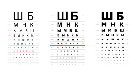 Set of Golovin Sivtsev table Eye Test Chart medical illustration. line vector sketch outline isolated on white background. Vision test with Cyrillic letters board optometrist Checking optical glassesのイラスト素材