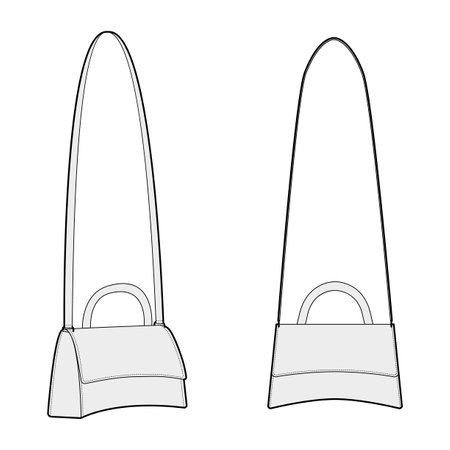 Hourglass Small Cross-Body Tote Bag silhouette. Fashion accessory technical illustration. Vector satchel front 3-4 view for Men, women, unisex style, flat handbag CAD mockup sketch outline isolatedのイラスト素材