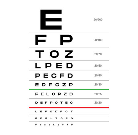 Snellen chart Eye Test medical illustration. line vector sketch style outline isolated on white background. Vision board optometrist ophthalmic test for visual examination Checking optical glassesのイラスト素材