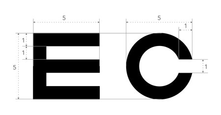 Snellen E and the Landolt C symbols Eye Test Chart medical illustration. Line vector sketch style outline isolated on white background. Vision test board optometrist for visual examinationのイラスト素材