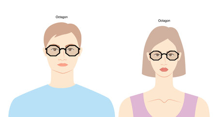 Octagon frame glasses on women and men flat character fashion accessory illustration. Sunglass unisex silhouette style, rim spectacles eyeglasses with lens sketch outline isolated on white backgroundのイラスト素材