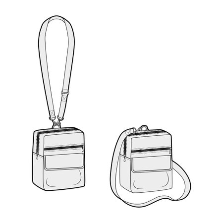 North-South Cross-Body Bag pouch with removable strap options silhouette. Fashion accessory technical illustration. Vector satchel front 3-4 view for Men, women, unisex style, flat handbag CAD mockupのイラスト素材