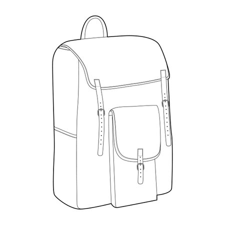 Rucksack Backpack silhouette bag. Fashion accessory technical illustration. Vector satchel front 3-4 view for Men, women, unisex style, flat handbag CAD mockup sketch outline isolatedのイラスト素材