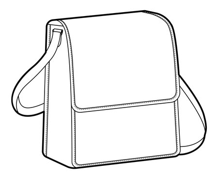 North-South Cross-Body Bag silhouette. Fashion accessory technical illustration. Vector satchel front 3-4 view for Men, women, unisex style, flat handbag CAD mockup sketch outline isolatedのイラスト素材