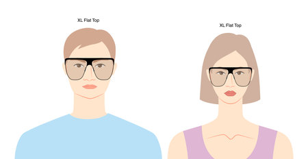XL Flat Top frame glasses on women and men flat character fashion accessory illustration. Sunglass front view unisex silhouette style, rim spectacles eyeglasses, lens sketch style outline isolatedのイラスト素材