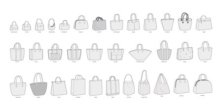 Set of Tote Bags silhouette. Fashion accessory technical illustration. Vector satchel front 3-4 view for Men, women, unisex style, flat handbag CAD mockup sketch outline isolatedのイラスト素材