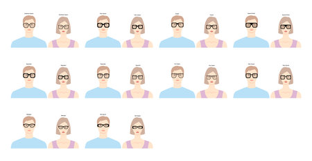 Set of Square frame glasses on women and men flat character fashion accessory illustration. Sunglass front view unisex style, rim spectacles eyeglasses with lens sketch style outline isolated on whiteのイラスト素材