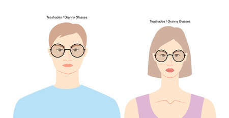 Teashades, Granny Glasses frame glasses on women and men flat character fashion accessory illustration. Sunglass unisex silhouette style, rim eyeglasses, lens sketch style outline isolated on whiteのイラスト素材
