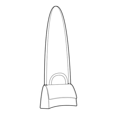 Hourglass Small Cross-Body Tote Bag silhouette. Fashion accessory technical illustration. Vector satchel front 3-4 view for Men, women, unisex style, flat handbag CAD mockup sketch outline isolatedのイラスト素材