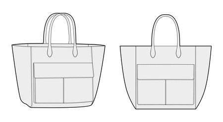 XL Tote Bag with front flap 3D pocket and extra-large proportions. Fashion accessory technical illustration. Vector satchel front 3-4 view for Men, women, unisex style, flat handbag CAD mockup sketchのイラスト素材
