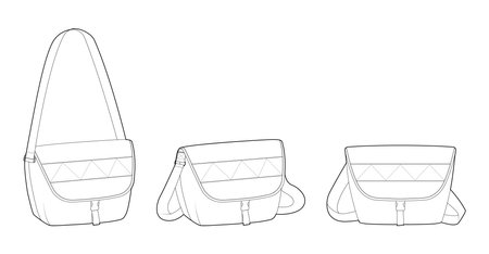 Courier Carryall Messenger Bag silhouette. Fashion accessory technical illustration. Vector satchel front 3-4 view for Men, women, unisex style, flat handbag CAD mockup sketch outline isolatedのイラスト素材