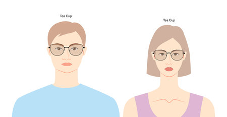 Tea Cup frame glasses on women and men flat character fashion accessory illustration. Sunglass front view unisex silhouette style, spectacles eyeglasses, lens sketch style outline isolated on whiteのイラスト素材