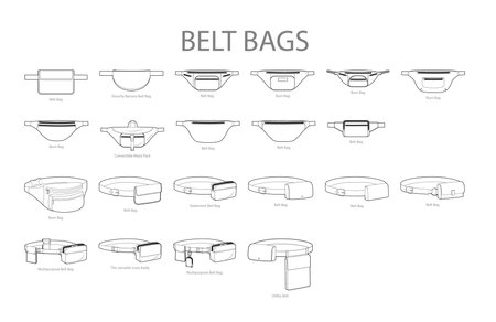Set of Belt Bum silhouette bags. Fashion accessory technical illustration. Vector satchel front 3-4 view for Men, women, unisex style, flat handbag CAD mockup sketch outline isolatedのイラスト素材