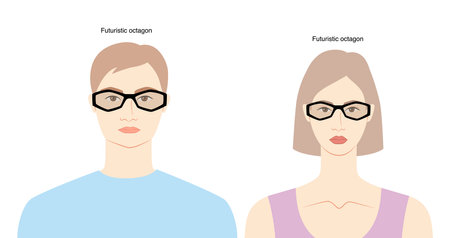 Futuristic Octagon frame glasses on women and men flat character fashion accessory illustration. Sunglass front view unisex silhouette style, spectacles eyeglasses with lens sketch isolated on whiteのイラスト素材