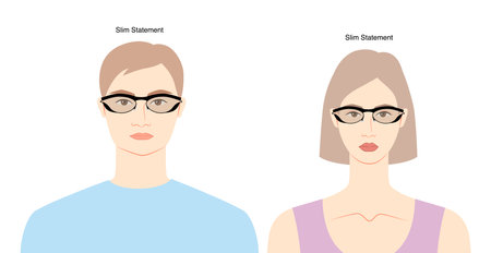 Slim Statement frame glasses on women and men flat character fashion accessory illustration. Sunglass front view unisex silhouette style, rim spectacles eyeglasses, lens sketch style outline on whiteのイラスト素材
