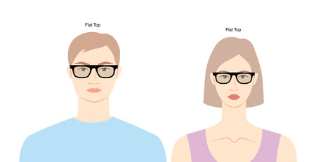Flat Top frame glasses on women and men flat character fashion accessory illustration. Sunglass front view silhouette style, rim spectacles eyeglasses with lens sketch style outline isolated on whiteのイラスト素材