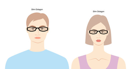 Slim Octagon frame glasses on women and men flat character fashion accessory illustration. Sunglass front view unisex silhouette style, rim spectacles eyeglasses, lens sketch style outline isolatedのイラスト素材