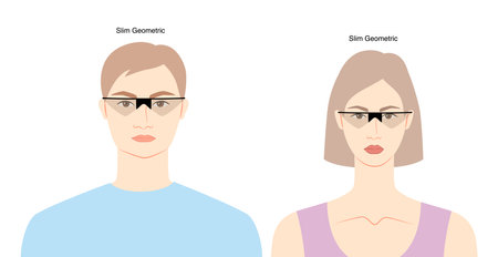 Slim Geometric frame glasses on women and men flat character fashion accessory illustration. Sunglass front view unisex silhouette style, rim spectacles eyeglasses, lens sketch style outline isolatedのイラスト素材