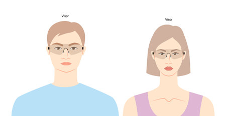 Visor frame glasses on women and men flat character fashion accessory illustration. Sunglass front view unisex silhouette style, rim spectacles eyeglasses, lens sketch style outline isolated on whiteのイラスト素材