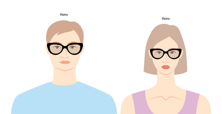 Retro frame glasses on women and men flat character fashion accessory illustration. Sunglass front view unisex silhouette style, rim spectacles eyeglasses with lens sketch outline isolated on whiteのイラスト素材