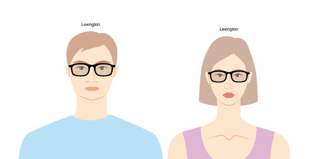 Lexington frame glasses on women and men flat character fashion accessory illustration. Sunglass front view silhouette style, rim eyeglasses with lens sketch style outline isolated on white backgroundのイラスト素材