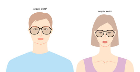 Angular Aviator frame glasses on women and men flat character fashion accessory illustration. Sunglass front view unisex silhouette style, rim spectacles eyeglasses with lens sketch isolated on whiteのイラスト素材