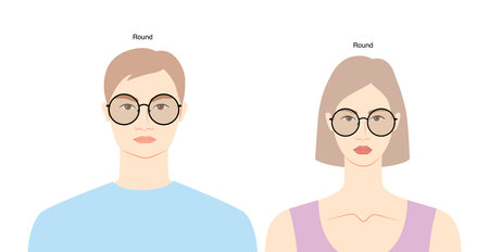 Round frame glasses on women and men flat character fashion accessory illustration. Sunglass front view unisex silhouette style, spectacles eyeglasses with lens sketch style outline isolated on whiteのイラスト素材
