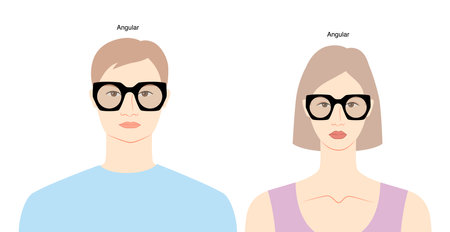 Angular frame glasses on women and men flat character fashion accessory illustration. Sunglass front view unisex silhouette style, spectacles eyeglasses with lens sketch isolated on white backgroundのイラスト素材