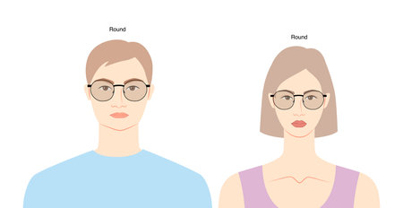 Round frame glasses on women and men flat character fashion accessory illustration. Sunglass front view unisex silhouette style, rim spectacles eyeglasses with lens sketch style outline isolatedのイラスト素材